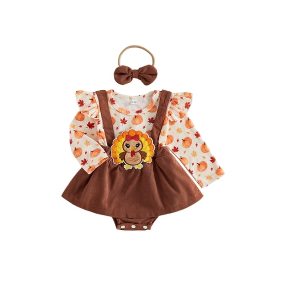 Cjfdfy Newborn Baby Girl Thanksgiving Outfit Turkey Patch Long Sleeve Corduroy Romper Dress And Headband 2Pcs Infant Cute My First Thanksgiving Clothes 0-18M