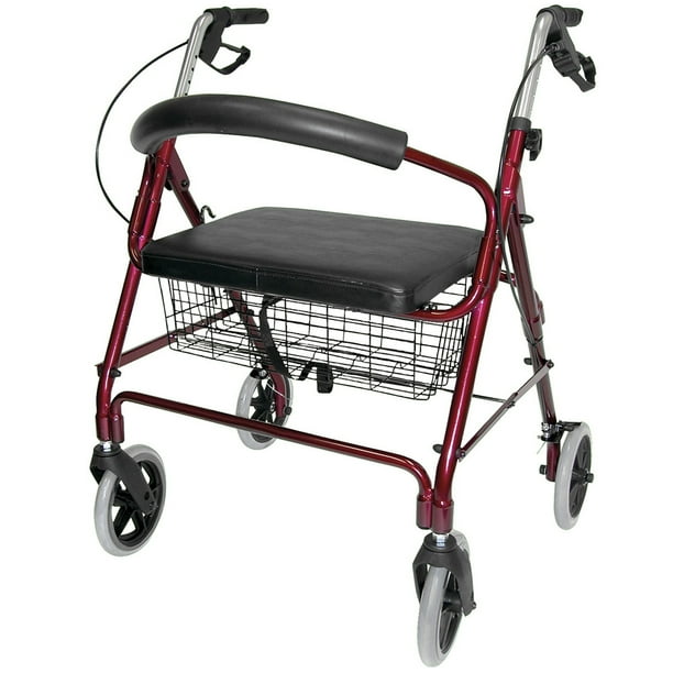 DMI Lightweight Extrawide Aluminum Rollator Walker with Seat, Burgundy