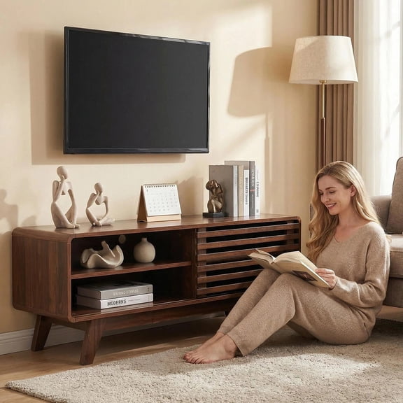 Mid Century Modern TV Stand with Storage, Farmhouse Media Console for Living Room, Slatted Sliding Door Entertainment Center (Walnut, 46)