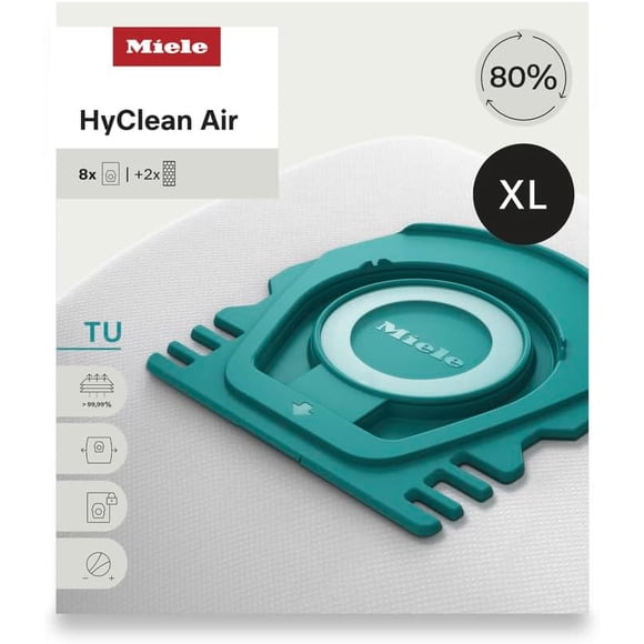 Miele HyClean Air TU Vacuum Cleaner Bags for Miele Guard L1 Vacuum Cleaners, XL Pack of 8 Vacuum Bags and 2 AirClean Exhaust Filters – 12909620