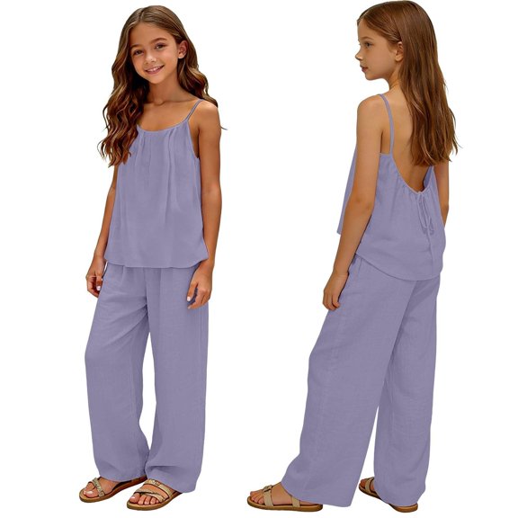 KPOPLK Toddler Girl Summer Clothes Baby Girl Sleeveless Solid Color Sweet Camisole Ruffle 2-Piece Infant Cotton Pants Set(9-10 Years,Purple)