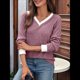 thumbnail image 4 of Camisas de Larga con Cuello en V y Bloques de Color para Mujer: Suéteres Túnica Ligeros Informales de Otoño, Conjuntos de Moda. Rojo Púrpura L, 4 of 10