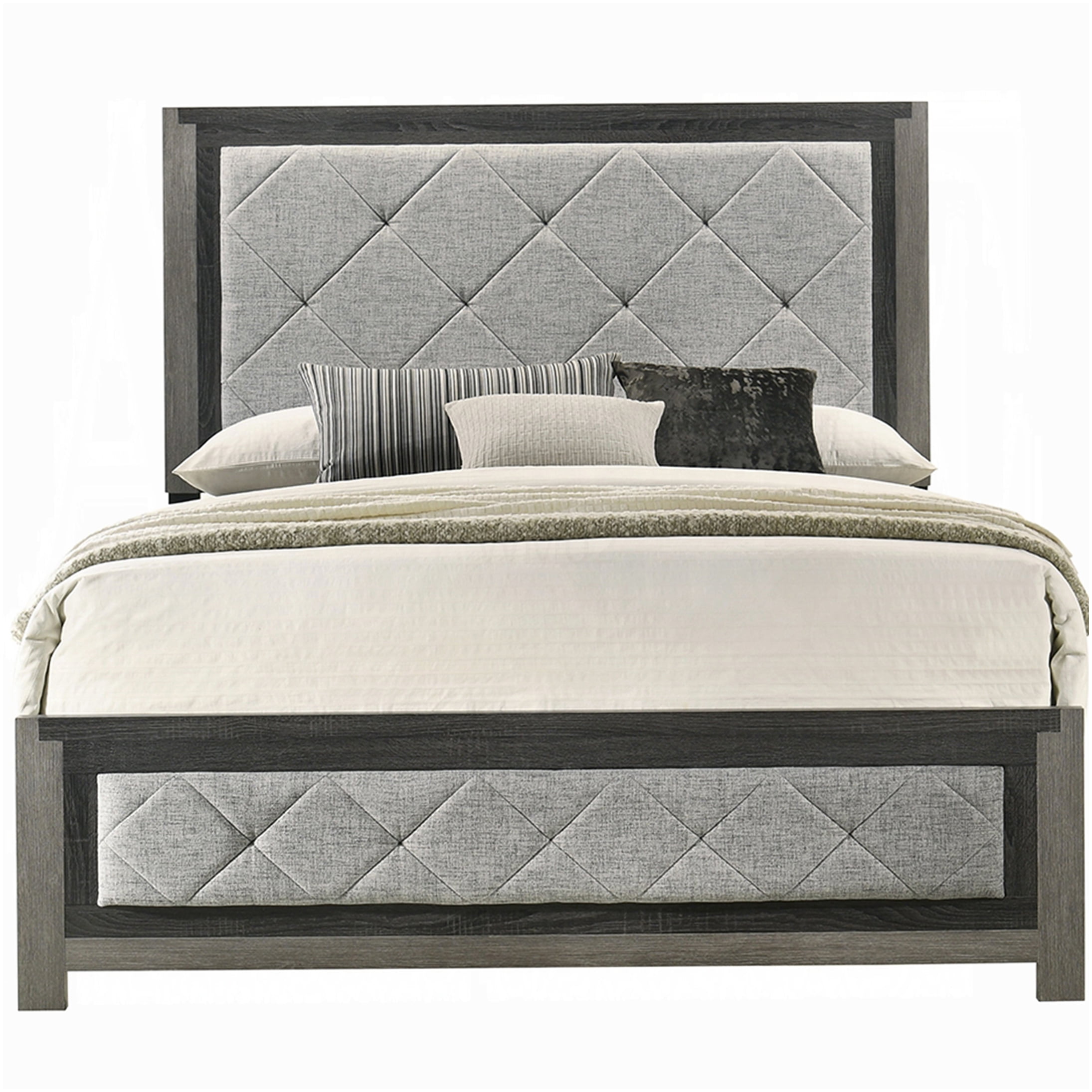 Modern Upholstered Platform Bed with Diamond Tufted Headboard, King Size Gray Linen Fabric Bed Frame for Bedroom