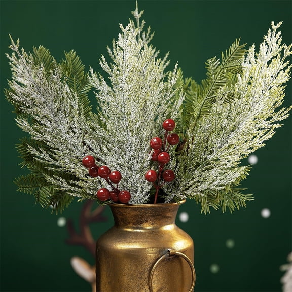FXMLRLK 10 Pcs Christmas Snow Frosted Pine Branches- 13.7" Artificial Pine Needles Branches Twigs- Greenery Ceder Sprigs Pine Picks Stems for Christmas Wreath Home Garden Decoration