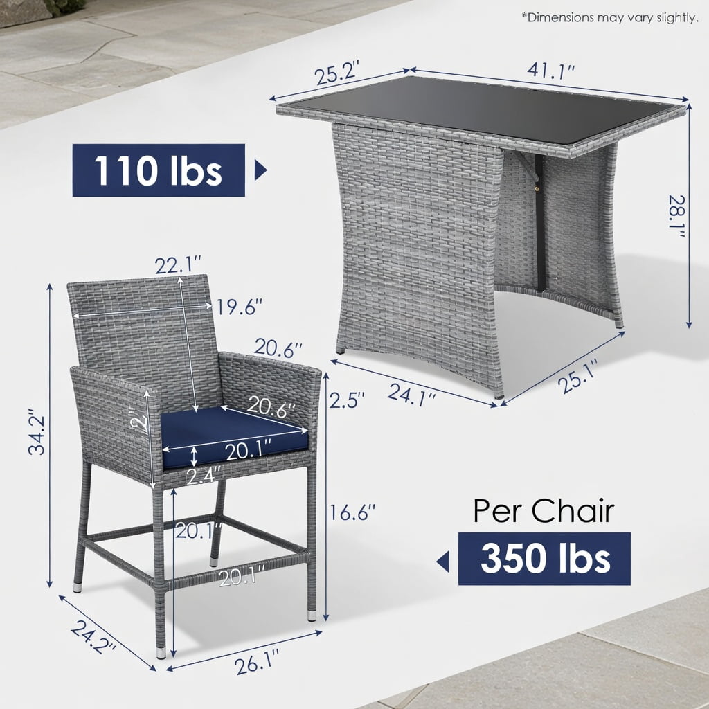Hommoo 3-Piece Outdoor Rattan Patio Furniture Set, Steel Frame Sofa Chairs with Tempered Glass Table and Removable Cushions for Porch, Balcony, Garden, Navy