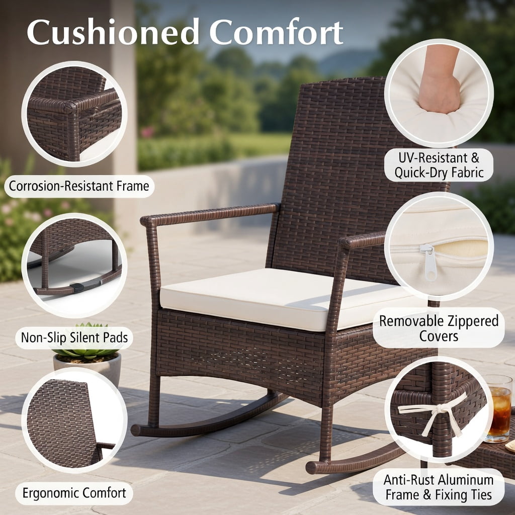 Hommoo 3-Piece Outdoor Patio Rocking Set, Wicker Rocking Chairs with Double-Tier Tempered Glass Coffee Table, PE Rattan, Includes Cushions & Easy Assembly, White