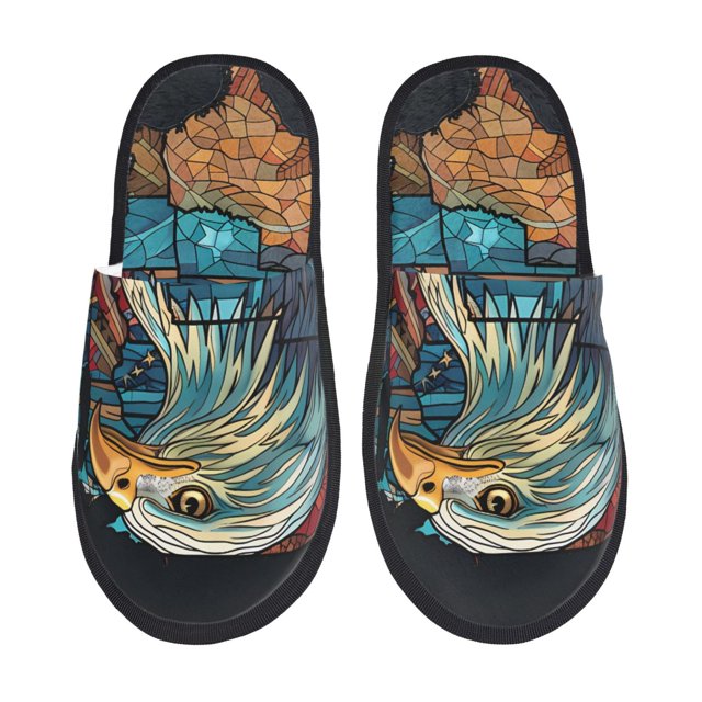 Balery Stained Glass Eagle USA Pantuflas de Casa de Felpa Silenciosas con Diseño Estampado, Zapatillas Cómodas Antideslizantes de Algodón para Interior-Medium