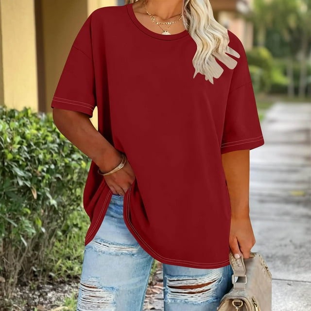 Ounisa Hauts pour Femmes Grande Taille Été Manches Courtes Côtelées Col Rond T-Shirts Basiques Mode