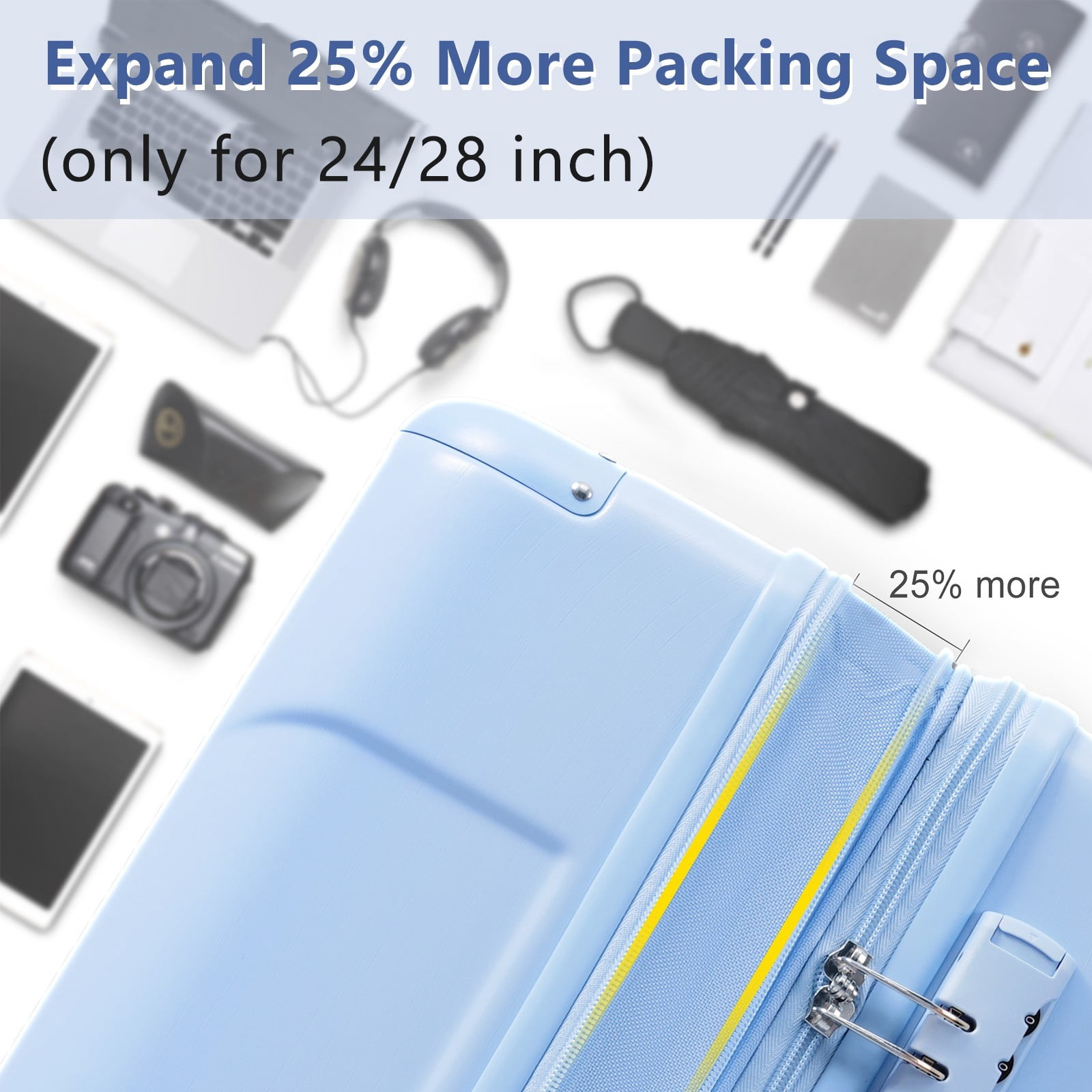 Hardshell Luggage, Lightweight Durable ABS Suitcases with Double Wheels, Expandable 24 Inch Checked Travel Luggage (Skyblue)