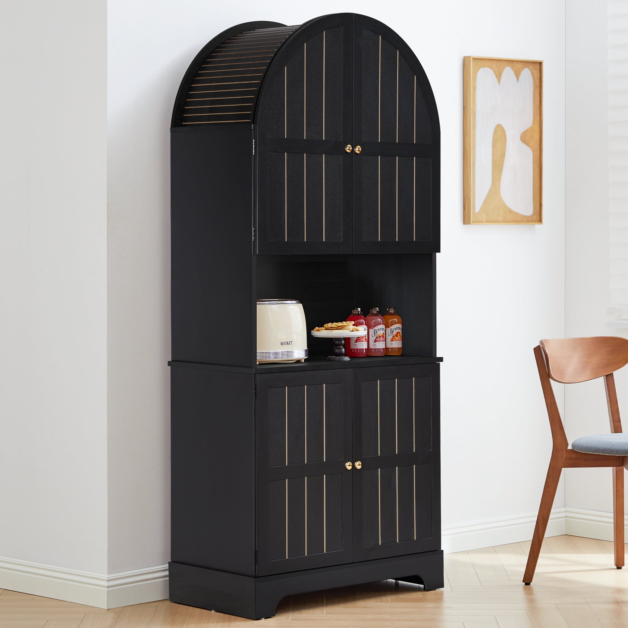 LEFHDA 71" Tall 5-Tier Arched Kitchen Pantry Cabinet with Doors, Large Storage Cabinet Freestanding Wooden Storage Cabinet for Kitchen, Living Room & Bathroom (Black)