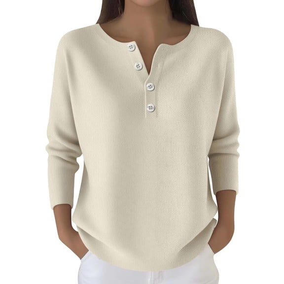 Breezora Henley Button Through Sweatshirt Women Long Sleeve Casual Lounge Top Lightweight Knit Layering Piece L Size Beige