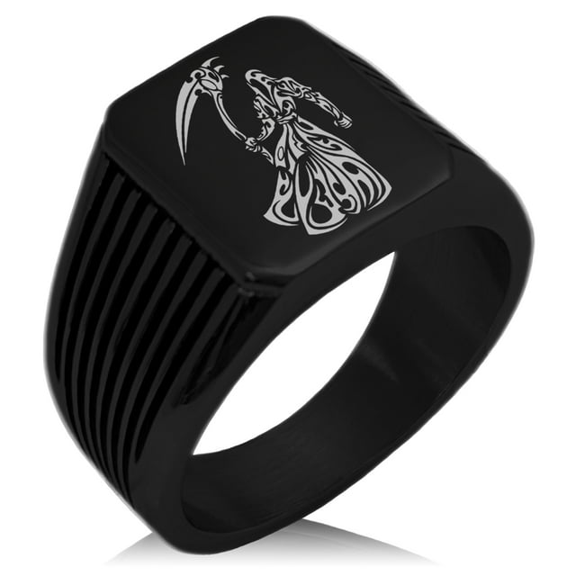 Stainless Steel Harbinger Grim Reaper Needle Stripe Pattern Biker Style Polished Ring