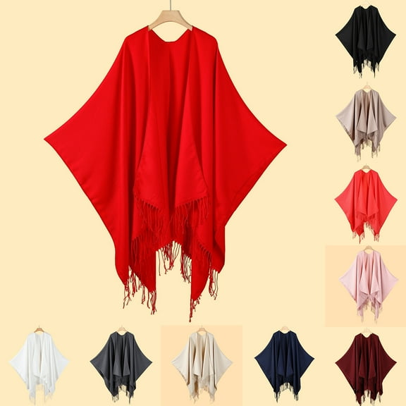 Dwellite Women's Tassel Pashmina Shawl Wraps Open Front Poncho Cape Fashion Reversible Blanket Scarf Travel Cardigan Sweater Black