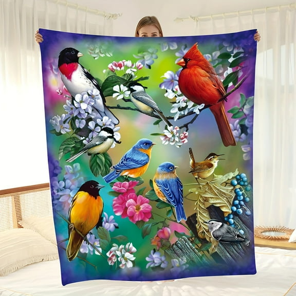 Luxurious Soft Flannel Throw Blanket with Vibrant Bird & Floral Pattern - Cozy, Warm Decor for Couch, Bed, Office, and Camping - All-Season Polyester 100.0% Fleece, 200-250g, Blanket