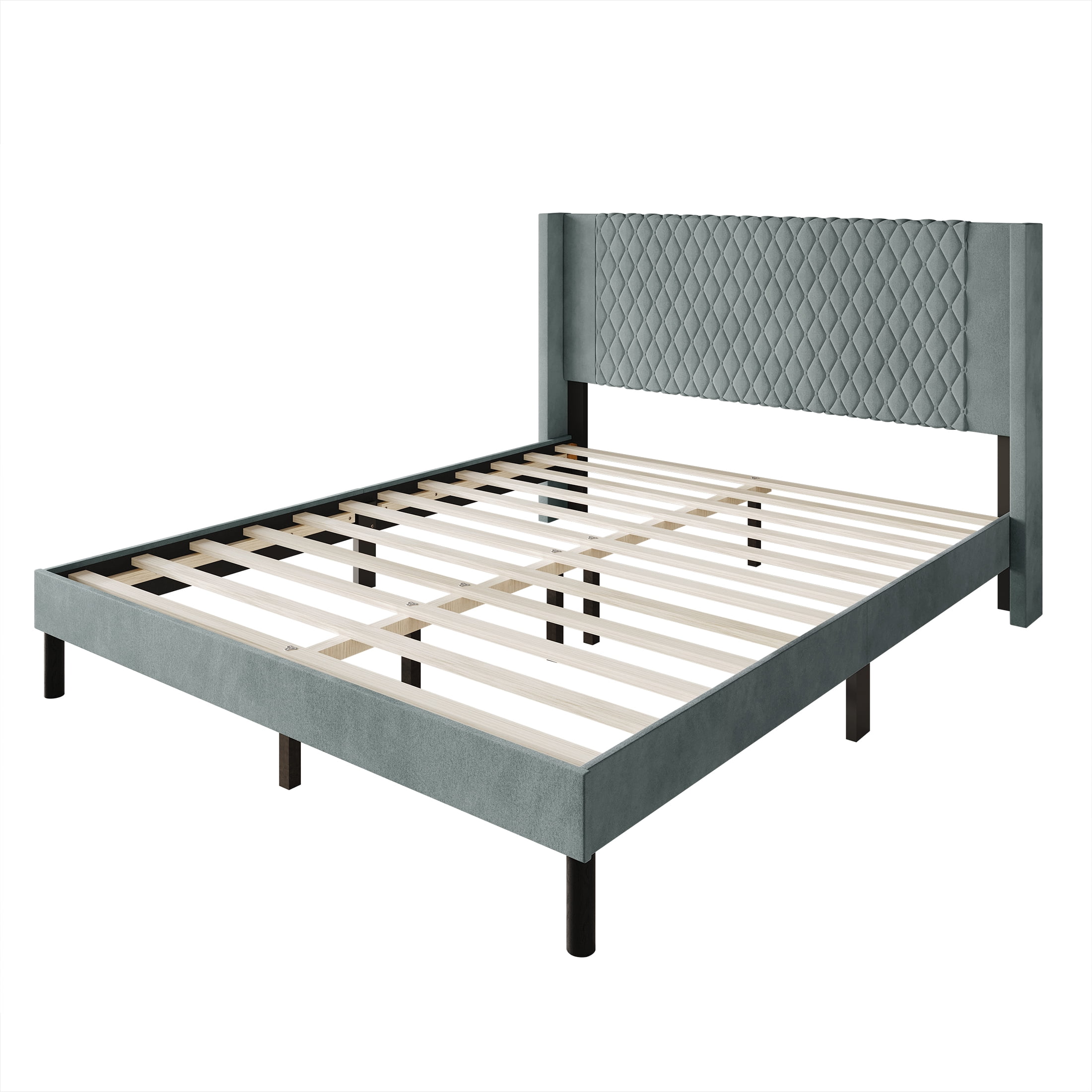 Castle Place Transitional Diamond-Stitched Velvet Wingback King Platform Bed, Light Blue