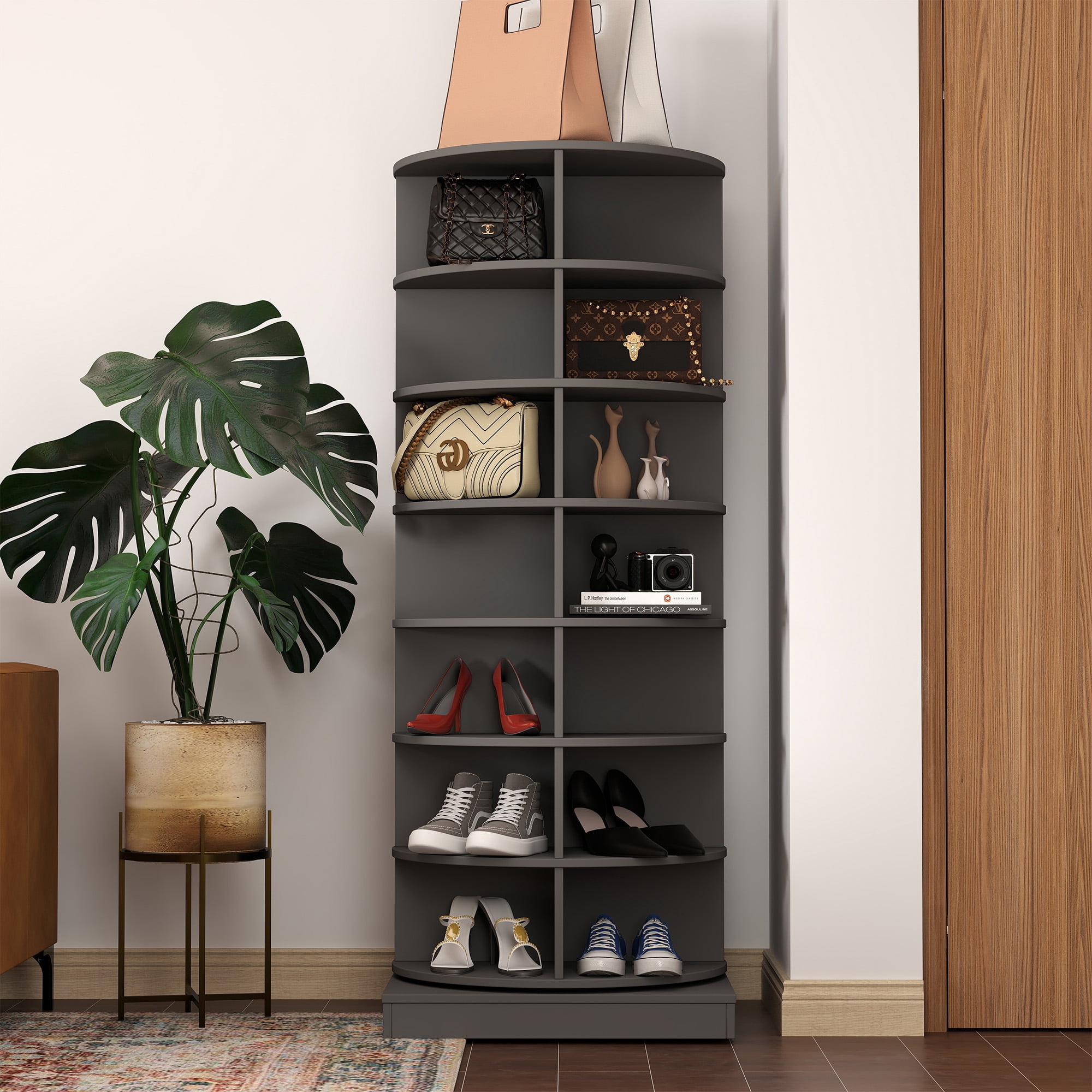Aukfa 7-Tier Rotating Shoe Rack Tower, 360°Spinning Shoe Display Closet Organizer, Gray