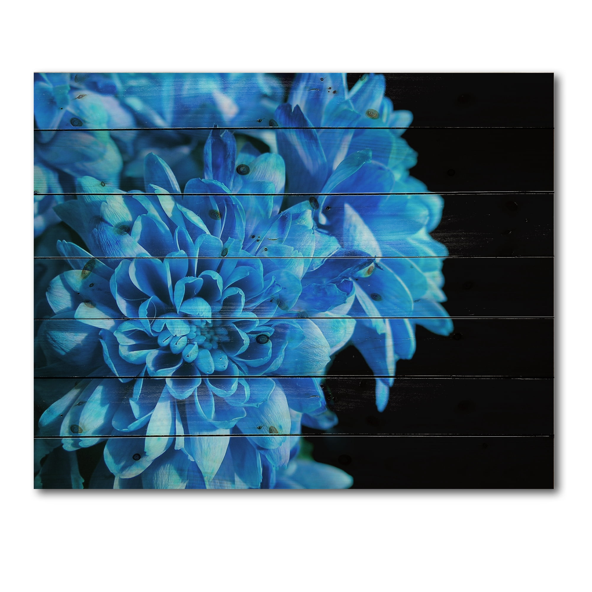 Designart 'Detail of Blue Flowers On Black Background I' Traditional Print on Natural Pine Wood