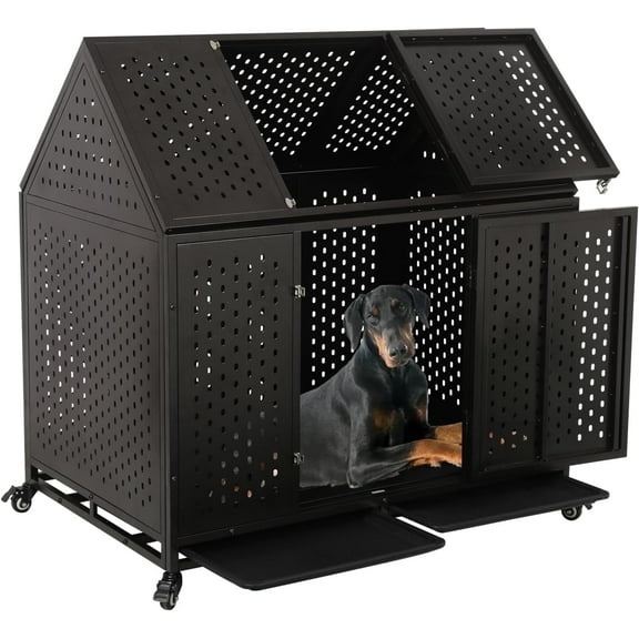 Ufyerutg 45'' Indestructible Heavy Duty Dog Crate, Escape Proof Strong Steel Impact Pet Cage for Large Medium Dogs, High Anxiety Sound Proof Chewproof Kennel Double Door with Trays and Wheels