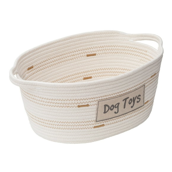 Zenna Home Coiled Rope Oval Storage Basket with "Dog Toys" Decorative Patch, Pet Themed Basket, Ivory