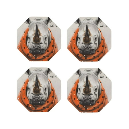 

Matuu Polka Dot Rhino Welcome for Cup Coasters Set of 4 Leather Coasters Desk Coasters for Office Measures 4” x 4”-Octagon