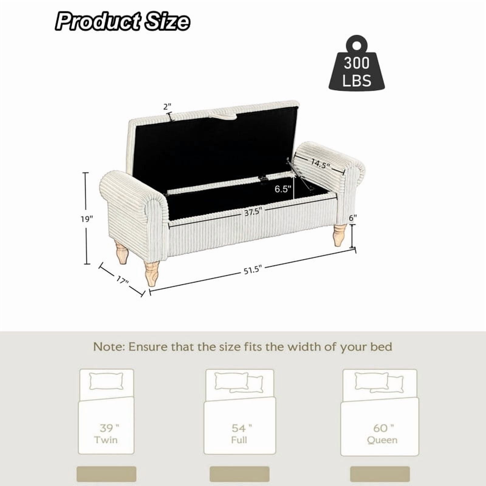 51.5'' Upholstered Storage Ottoman Bench with Hinged Lid, Freestanding Corduroy Bed End Bench, Hidden Storage Footrest