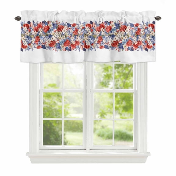 Curtain Valance for Windows, Watercolor Red Blue White Floral Kitchen Valances Rod Pocket Short Curtains, Independence Day American Flag Window Valance for Bedroom Bathroom Living room 42x12in