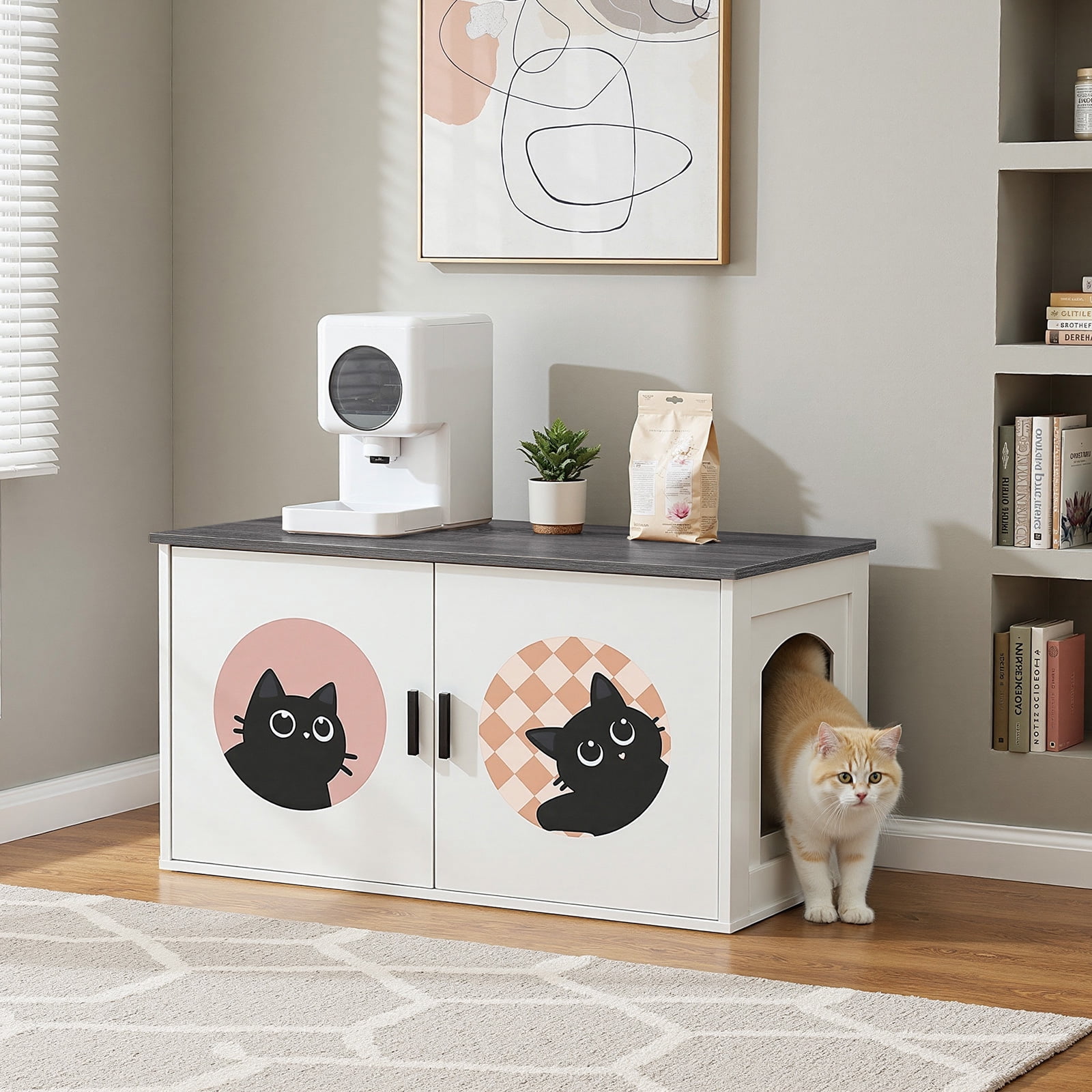 HOOBRO Cat Litter Box Enclosure, Hidden Litter Box Enclosure Furniture with Cute Cat Patterns and Arched Entrance, Litter Box Cabinet, Side Table, for Living Room, White and Charcoal Gray BW08MW01
