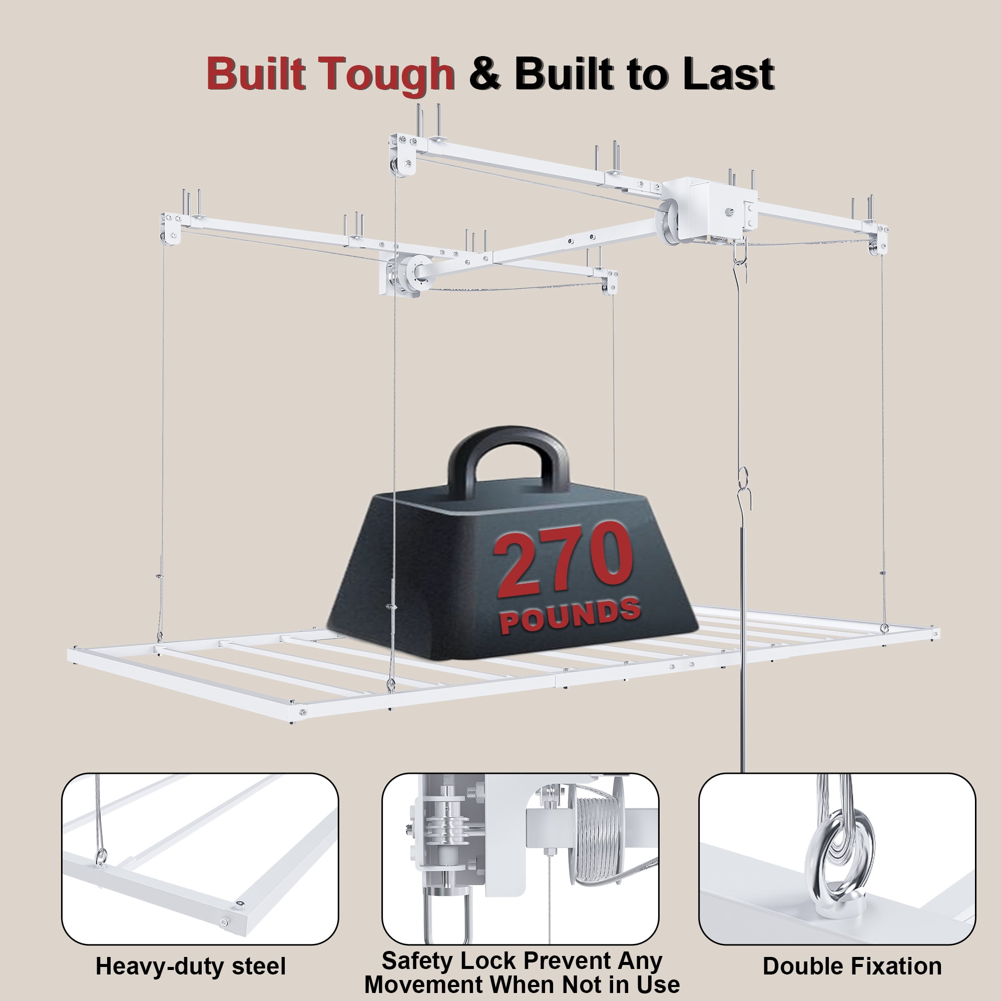 Aukfa 3x6 ft Ceiling Mounted Garage Storage Rack with Crank-Down System, 270 lbs Heavy Duty Overhead Storage Lift for Tires & Tools, White