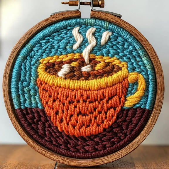 DIY Punch Needle Kits for Beginners Coffe Cup with Hoop Embroidery Punch Needle Starter Craft Set Easy for Adults and Children Festival Gift and Decoration 20x20cm-2