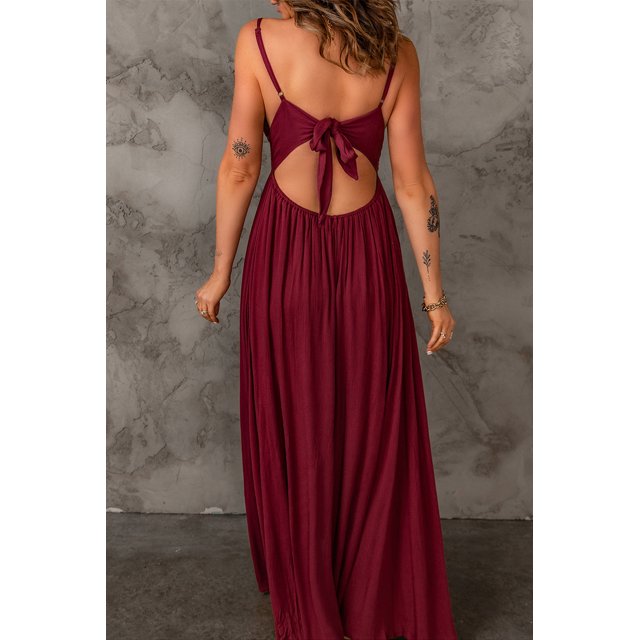 ABPHQTO Vestido maxi de cintura alta sin espalda con lazo de ganchillo de encaje rojo para mujer
