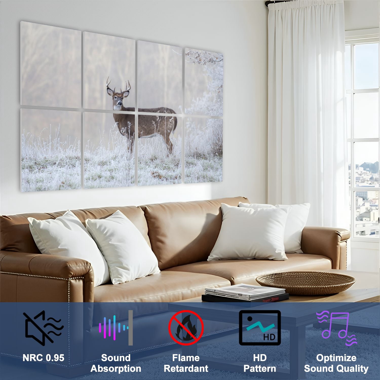 8 Pack Art Acoustic Panels Sound Absorbing Whitetail buck deer frost fog Decorative Soundproof Wall Panels Self Adhesive for Nursery Game Room Bedroom 48"x32"