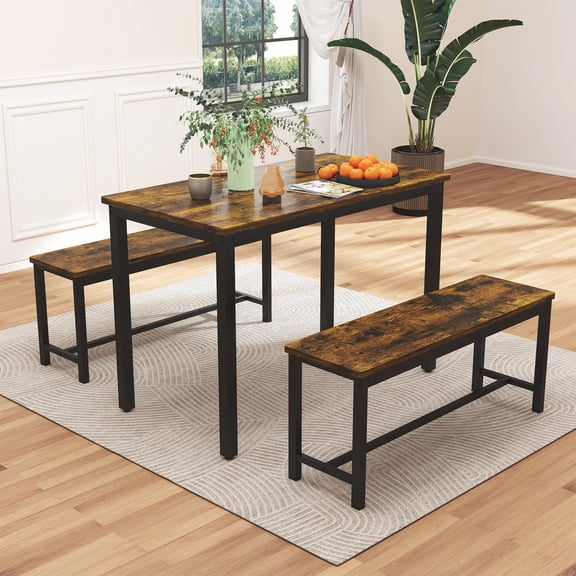 Aukfa Dining Table Set for 4, Rectangular Kitchen Table W/ 2 Benches for Small Space,Brown