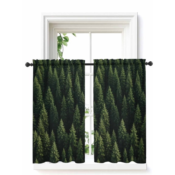 Dark Green Forest Curtains 54 Inch Length, Sheer Curtains for Bedroom Living Room Window Pine Trees Modern Mysterious Art Rod Pocket Voile Drapes Kitchen Curtains Small Half Window 52"x54" 2 Panels