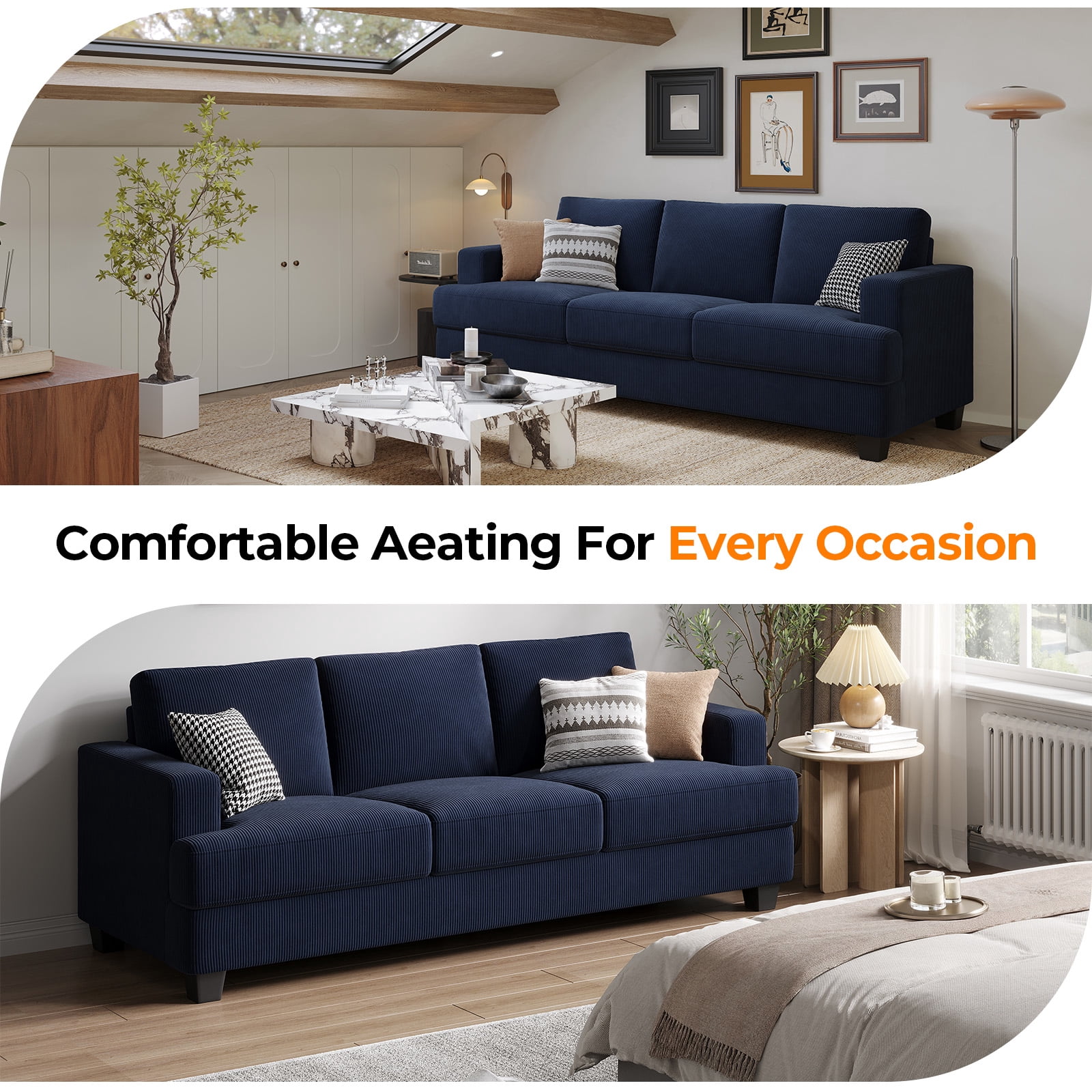 BLAZANT 89" Sofa Couch, 3 Seater Sofa with Suppleness Armrests, Corduroy Fabric Deep Seat Sofa with Upholstered Cushion& Backrests, Modern Comfy Couch for Living Room Apartment Office