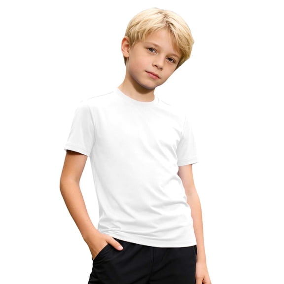 Boys Girls Stretchy Crew Neck T‑Shirt, Elastic Fabric Short Sleeve Athletic Top For Kids Sport