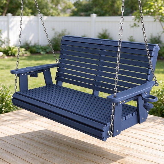 Innovaze HDPE 4 ft Porch Swing with Cup Holders, Weather-Resistant, Heavy Duty 1200Lbs Capacity, for Patio, Porch, Garden (Navy Blue)