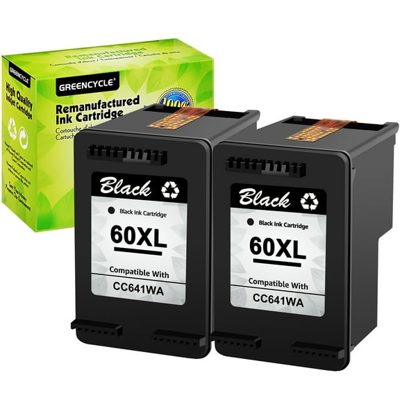 GREENCYCLE 60XL Ink Cartridges Replacement for HP High Yield 60 XL Compatible with DESKJET D1660 D2500 D5560 PhotoSmart C4600 C4780 D110a ENVY 110 120 (2 Black)