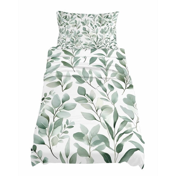 Twin Size Eucalyptus Leaf Sheet Sets Green Botanical Rustic Watercolor Leaf Soft Breathable Microfiber Bed Sheets Deep Pockets 4 Piece Bed Sheets Set, 1 Fitted Sheet, 1 Flat Sheet & 1 Pillowcases
