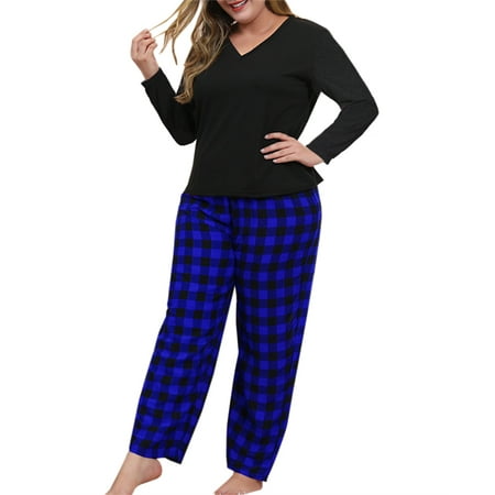 

Yskkt Women Plus Size Pajamas Set Plaid Lounge Pants V-Neck Long Sleeve 2 Piece Loose Sleepwear XL-5XL