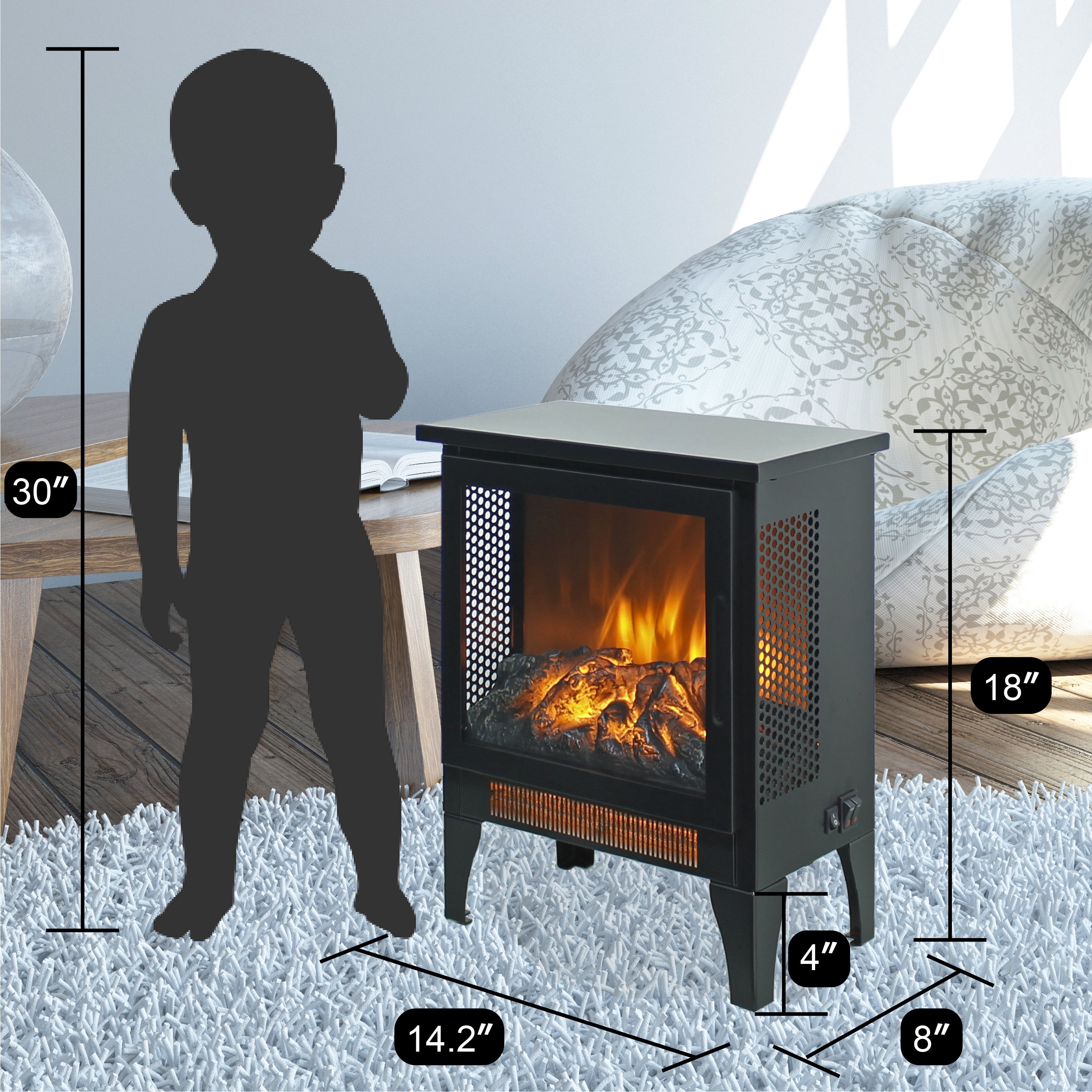 Electric Fireplace Stove Heater, PAPROOS 17" Freestanding Fireplace Stove, 3D Realistic Flame Effect, Fireplace Heater for Home Bedroom,Overheat Protection, CAS Certified, 1400W/700W, Black