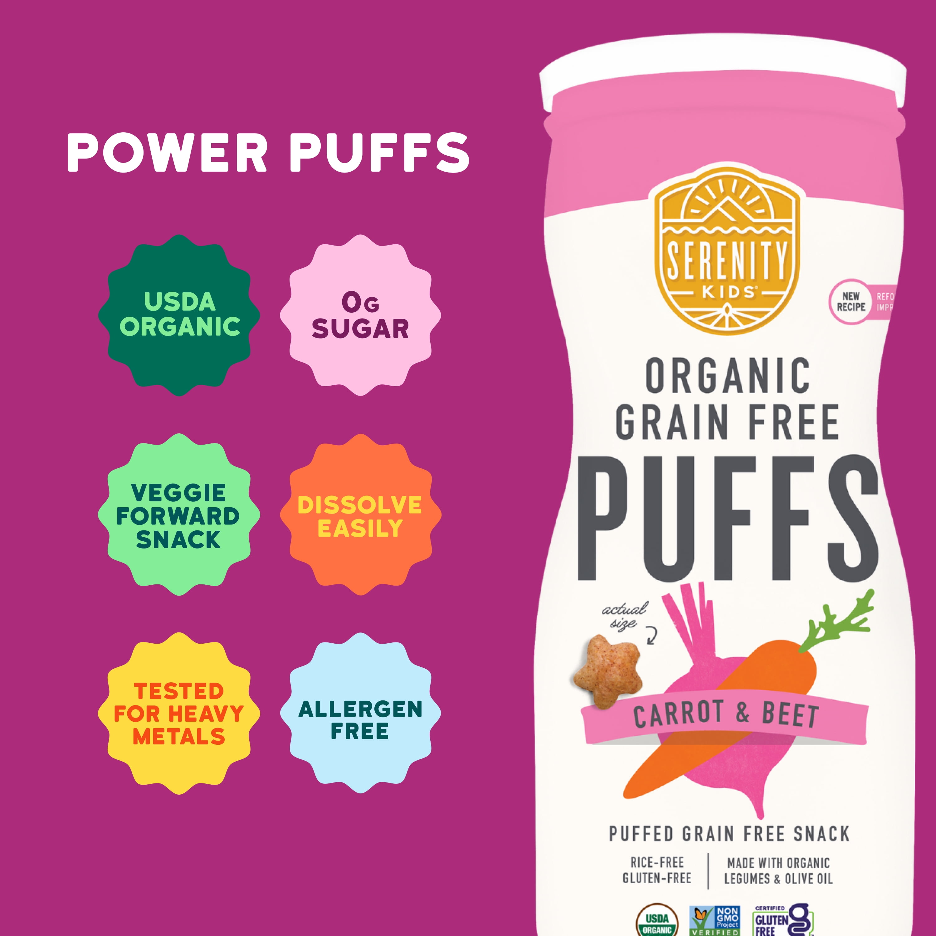 Serenity Kids Organic Grain Free Puffs Baby & Toddler Snacks, Carrot & Beet, 1.5 oz. Canister