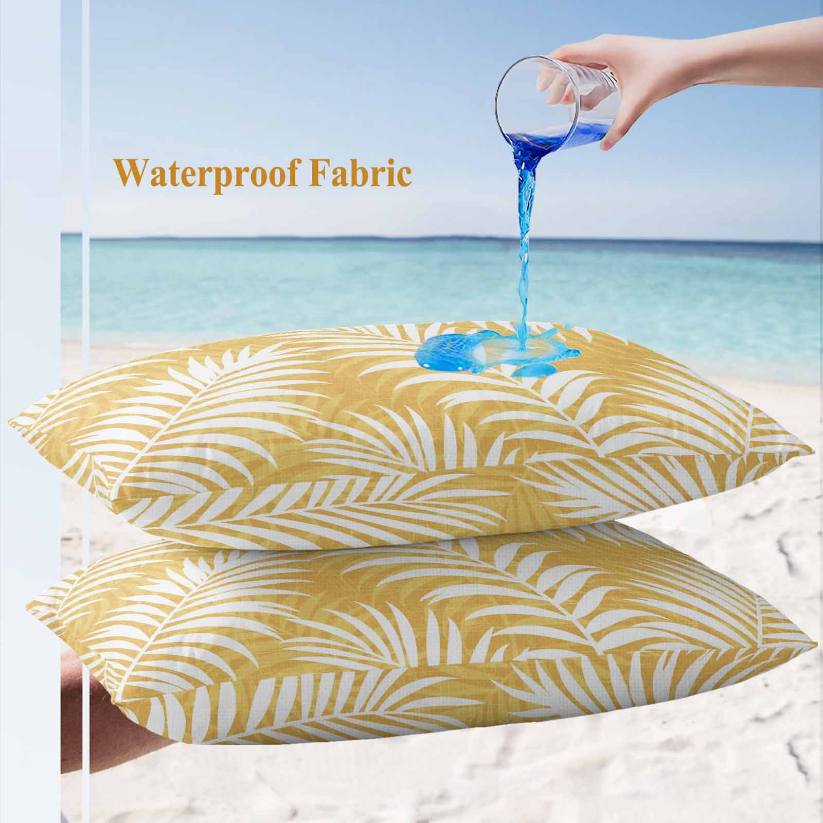 Outdoor Waterproof Throw Pillow Covers Set of 2 Summer Palm Leaves Decorative Pillowcases Lumbar Outdoor Pillows Cushion Case 20x12 Inch Yellow Tropical Leaf Plant Patio Pillows for Couch Sofa Bed