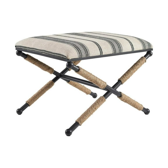 Linen Ottoman - Striped Accent Stool with X-Legs - Living Room Footrest