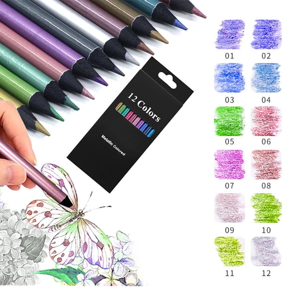 12 Pack Metallic Non-Toxic Colored Pencils for Adults,12-Color Soft Core Wooden Coloring Drawing Pencils, Sketching Pencils for Art Crafting Projects