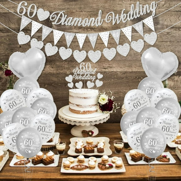 AYUQI Happy 60th Anniversary Decorations – Diamond Wedding Banner, Cake Topper, Happy 60th Anniversary Balloons Silver White Balloons for Romantic Wedding Anniversary Decorations