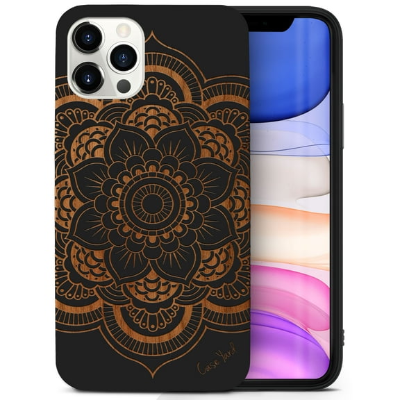 Case Yard Wooden Case for iPhone-12-Pro-Max Soft TPU Silicone cover Slim Fit Shockproof Wood Protective Phone Cover for Girls Boys Men and Women Supports Wireless Charging Flower Mandala Design