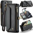 thumbnail image 1 of Premium Leather Wallet Case With Wrist And Shoulder Strap For Iphone 15 Series, iPhone 14, 1 of 7