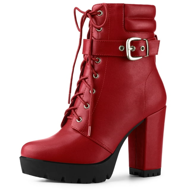 BLISSFUL STEP Women's Platform Buckle Lace Up Block Heel Ankle Boot Red (Size 6.5)