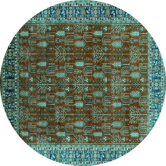 Ahgly Company Machine Washable Indoor Round Oriental Turquoise Blue Traditional Area Rugs, 5' Round