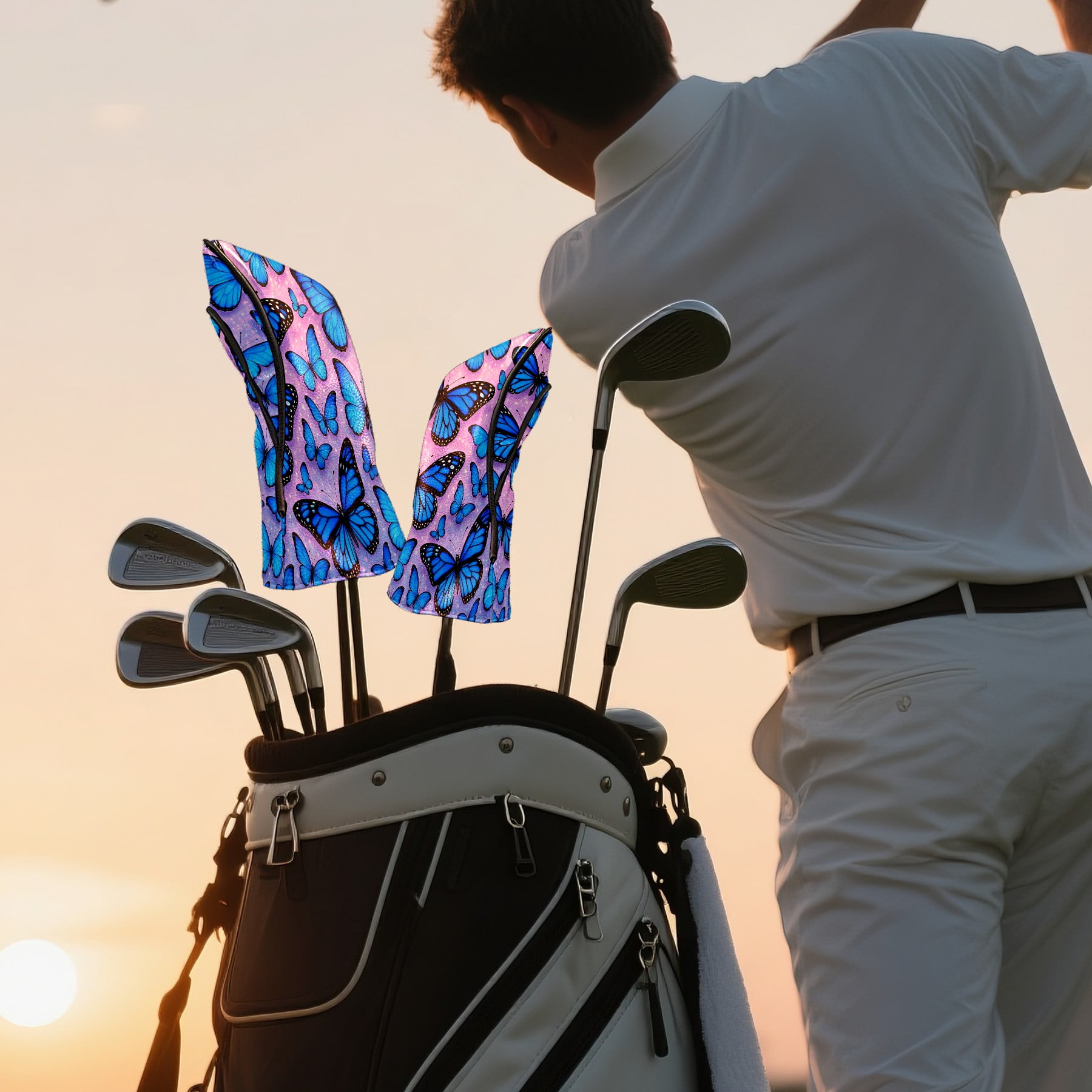 Golf Club Head Covers - Blue Butterflies Design, Premium PU Leather Driver Hybrid Headcovers with Velvet Lining, Waterproof Golf Gifts for Men Women